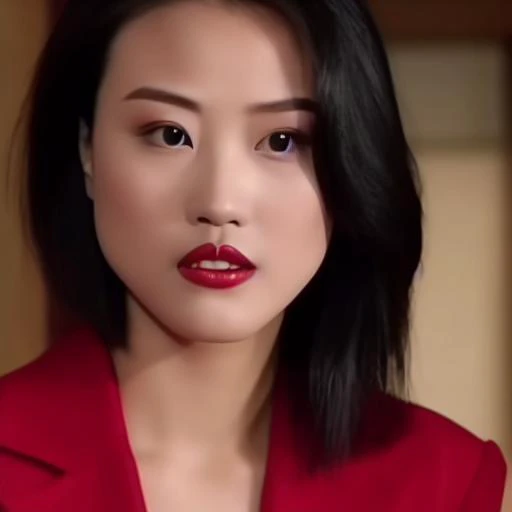 KathyChow,  defined jawline, high cheekbones, almond-shaped eyes with dark irises,  well-defined and arched eyebrows,  a look of intensity or concentration, straight nose,  refined nasal bridge. full lips,  a red or crimson shade of lipstick.