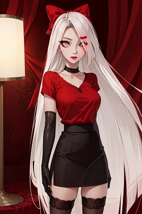 (vaggie),((Intricate background, abstract, reflections, analog_lighting, RTX, ambient_occlusion,polygons, scenary)),(detailed face,realistick eyes, beautiful face), (hotel outfit, red shirt, black skirt, stockings, gloves:1.5), (pink sclera, black pupil, g...