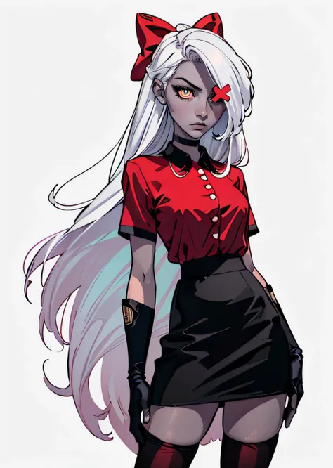 a woman with long white hair and red shirt and black skirt