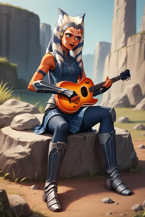 a woman in a blue outfit playing a guitar on a rock