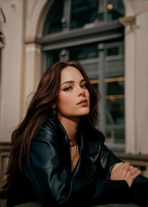 a close up of a woman in a black leather jacket