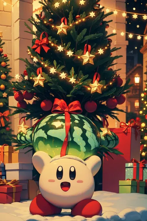 (masterpiece, best quality:1.2) <lora:KirbyV2:1> kirbycopy, (solo focus:1.2), (no humans:1.4), santa cap, kirby reaching up, happy, :D, (Christmas theme),( watermelon) wrapped in red ribbon