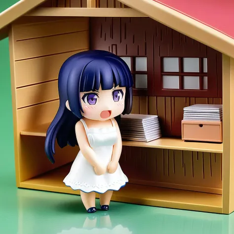 a close up of a doll in a doll house with a shelf