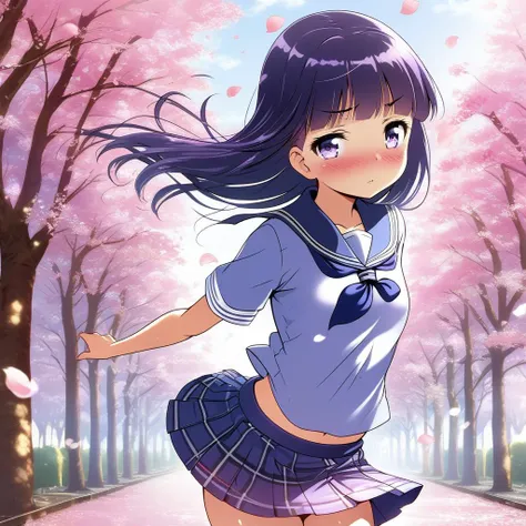 girl, tree-lined avenue,cherryblossom,small breasts,school uniform,plits skirt,shiny eyes,blush <lora:ruri_XL:0.7>,gokou ruri,strong wind,petals dance,ultra-detailed,masterpiece,best quality