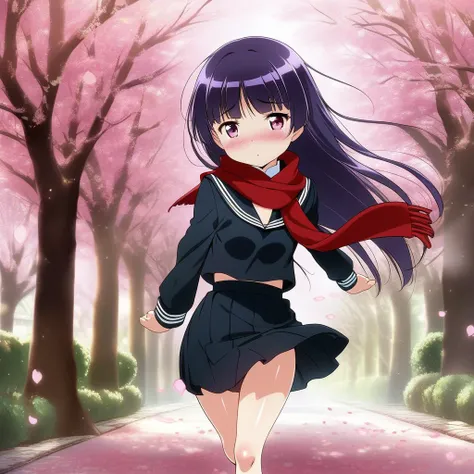 girl, tree-lined avenue,cherryblossom,small breasts,petite,black serafuku,black plits skirt,white collar.long sleeve, red scarf,long hair.shiny eyes,blush <lora:ruri_XL:0.9>,gokou ruri,strong wind,petals dance,ultra-detailed,masterpiece,best quality