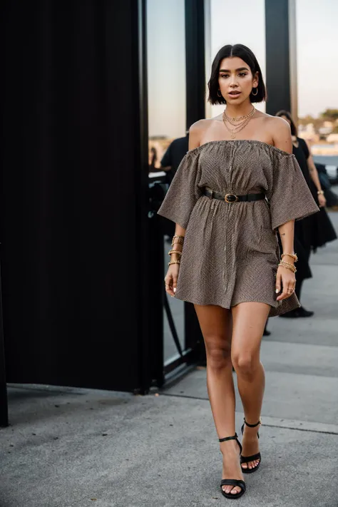 <lora:du4l1p4:0.9>, a Realistic full body photo of du4l1p4 woman, 1girl, solo, breasts, looking at viewer, short hair, black hair, dress, jewelry, standing, full body, earrings, necklace, off shoulder, high heels, bracelet, lips, hand on hip, ring, anklet,...