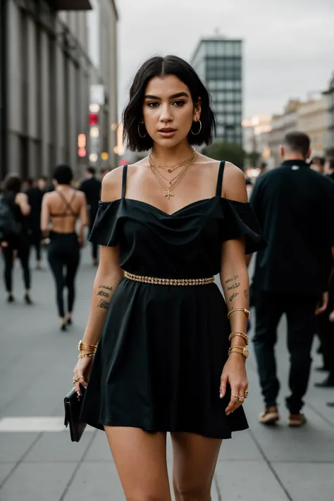 <lora:du4l1p4:0.9>, a Realistic full body photo of du4l1p4 woman, 1girl, solo, breasts, looking at viewer, short hair, black hair, dress, jewelry, standing, full body, earrings, necklace, off shoulder, high heels, bracelet, lips, hand on hip, ring, anklet,...