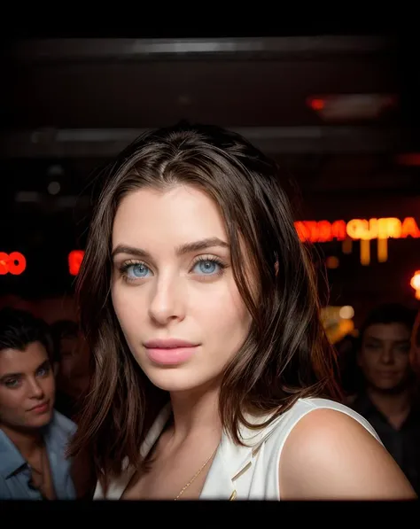 arafed woman with blue eyes and a white top posing for a picture