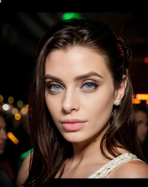 a close up of a woman with long hair and blue eyes