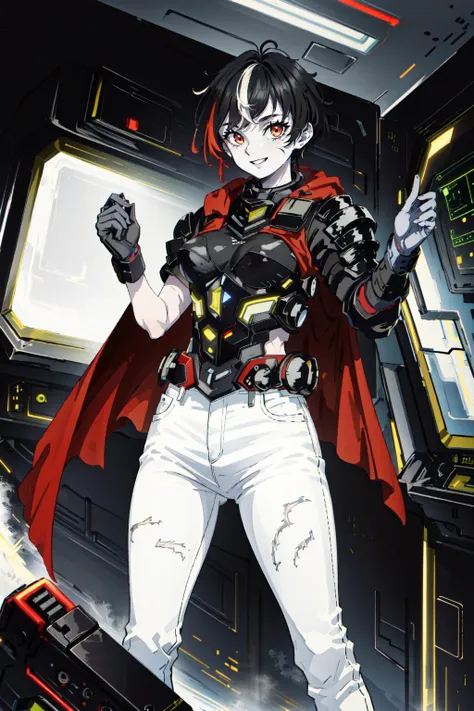 anime girl in a red cape holding a gun in a space station