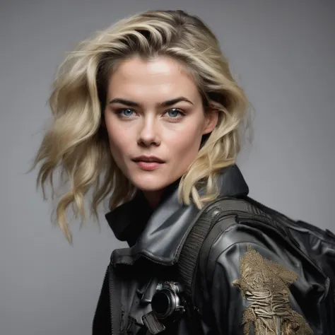 rachaeltaylor <lora:rachaeltaylor_sdxlr_resized:1>,, (Candid 1.3), photo of a vivacious woman supermodel, Striking eyes, voluminous thick wavy hair, tied back, post-apoc Geisha Aesthetic, lipgloss, wearing intricately detailed tactical Flak Jacket, looking...