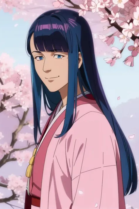 a woman with blue hair and a pink jacket standing in front of a tree