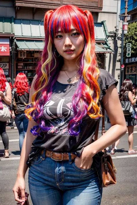 araffe with colorful hair and a black shirt is walking down the street