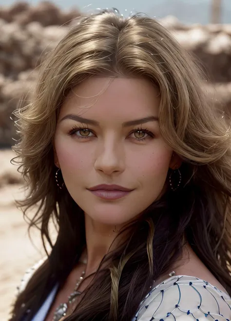 portrait of catherinezj, :< , wearing beaded , with dirty blonde Beachy waves , background moon epic (photo, studio lighting, hard light, sony a7, 50 mm, matte skin, pores, colors, hyperdetailed, hyperrealistic), <lyco:Catherine Zeta-Jones catherinezj:1.1>