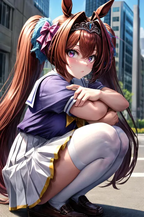 anime girl with long brown hair kneeling down in a city