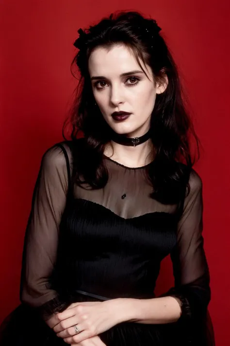 photo of very2 Winona Ryder wearing (black lipstick:1.3) and goth dress, widows peak