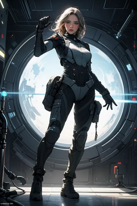 a woman in a futuristic suit standing in front of a window