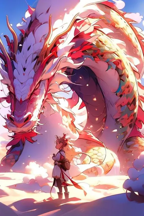 a woman standing next to a giant dragon in the sky