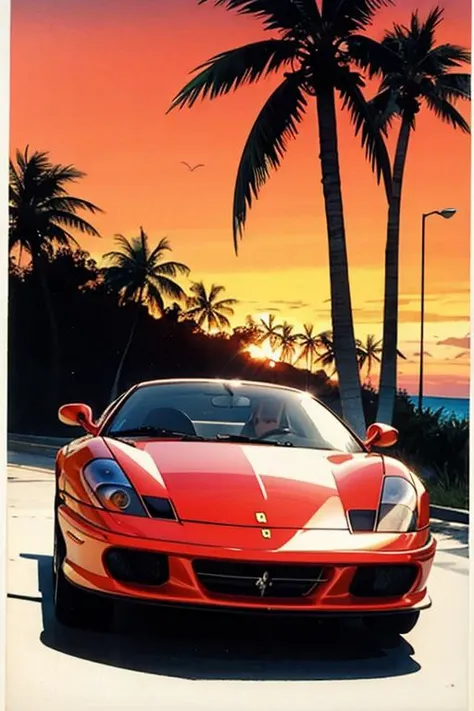 a close up of a red sports car parked in front of palm trees