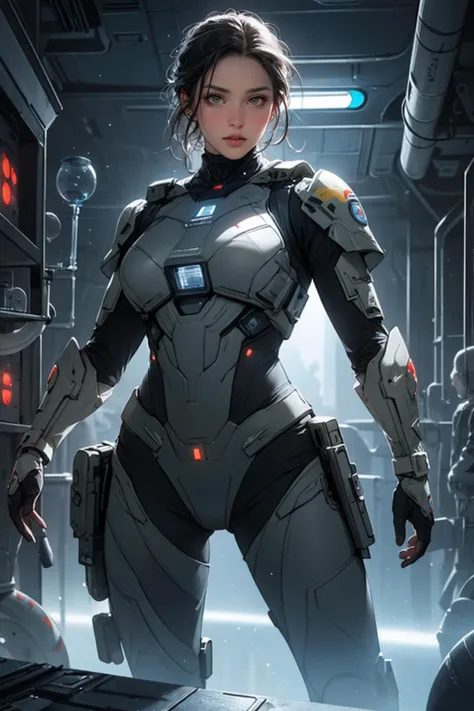 a woman in a futuristic suit standing in a room