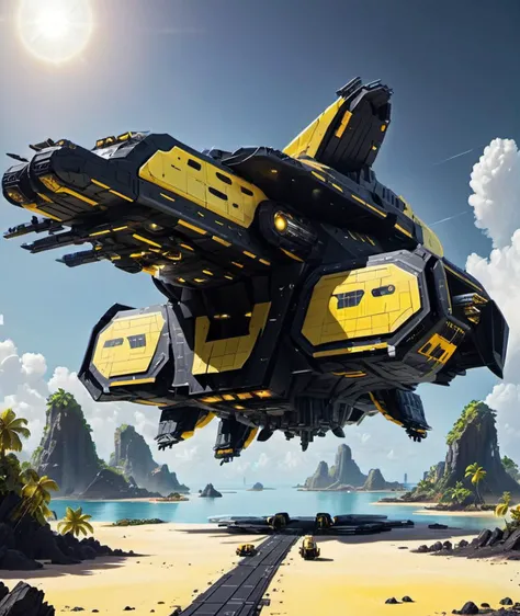 <lora:ConstructionYardAIv2:1> constructionyardai,       black & yellow, industrial, heavy duty, modular,           huge square spaceship landing on top of (paradise island:1.3),sunny day, space opera,