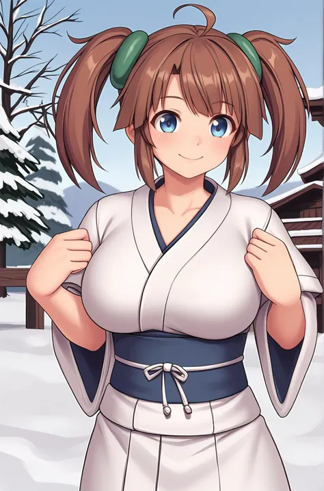 anime artwork, score_9, score_8_up, score_7_up, source_anime, BREAK, thick outline, fat outline,
Minori_XL, blue eyes, brown hair, green scrunchie, twintails, huge breasts, ahoge, BREAK, kimono, BREAK, outdoors, japansese village, snow, blizzard, cold, 
<l...