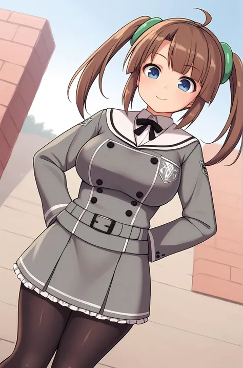 anime girl in uniform standing on sidewalk with brick wall in background