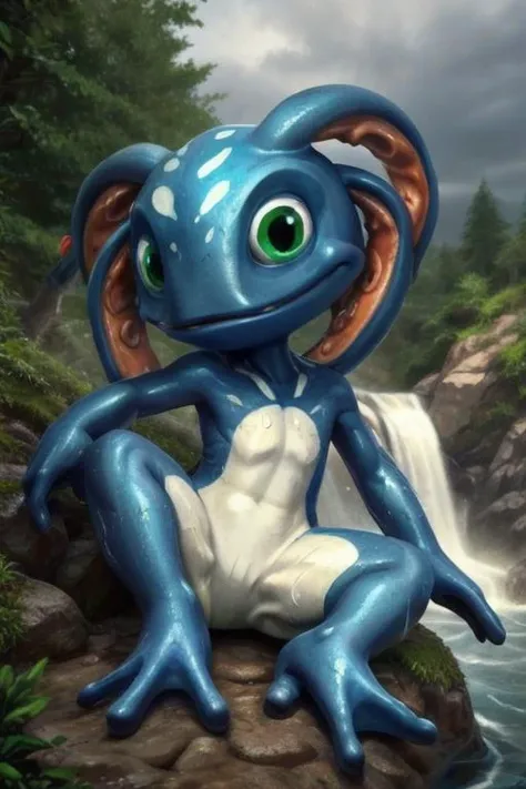 a close up of a blue and white frog sitting on a rock