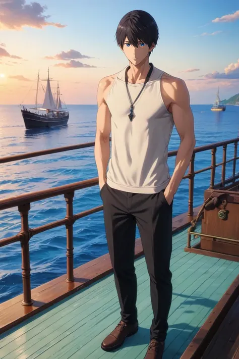 anime guy standing on a deck with a boat in the background