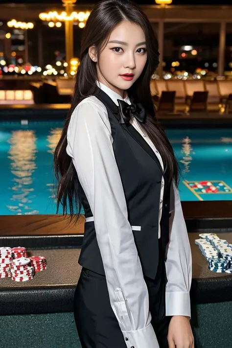 cinematic, middle shot, slim face, long nose, (clear eyes:1.1), __hairstyle__ exquisitely beautiful female models wearing white long sleeves business shirt and playing as casino dealers at a pool side cocktail party, charcoal black bow tie and vest, midnig...