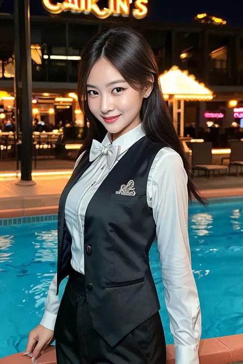 cinematic, middle shot, slim face, long nose, (clear eyes:1.1), archaic smile, __hairstyle__ exquisitely beautiful female models wearing white long sleeves business shirt and playing as casino dealers at a pool side cocktail party, charcoal black bow tie a...