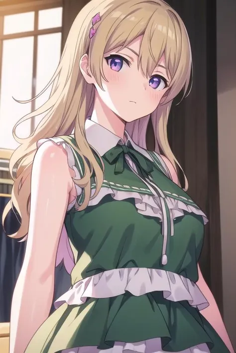 momokafujiwara, <lyco:momokafujiwara-lyco-nochekaiser:1>, 
momoka fujiwara, long hair, blonde hair, hair ornament, (purple eyes:1.1),
BREAK dress, green dress, frills, sleeveless, ribbon, yellow ribbon, skirt,
BREAK looking at viewer,
BREAK indoors,
BREAK ...