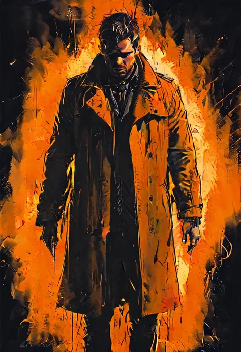 drawing of a man in a trench coat with a glowing orange body about to explode standing center of image, holding coat open, Explosion Artstyle, full body, detailed, high saturation, orange shading, saturated, <lora:Dark_Novel:1> <lora:Explosion Artstyle - T...