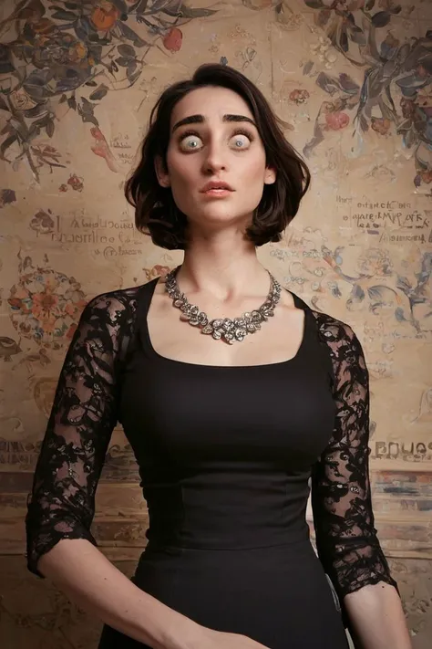 a woman in a black dress and a necklace with a necklace on