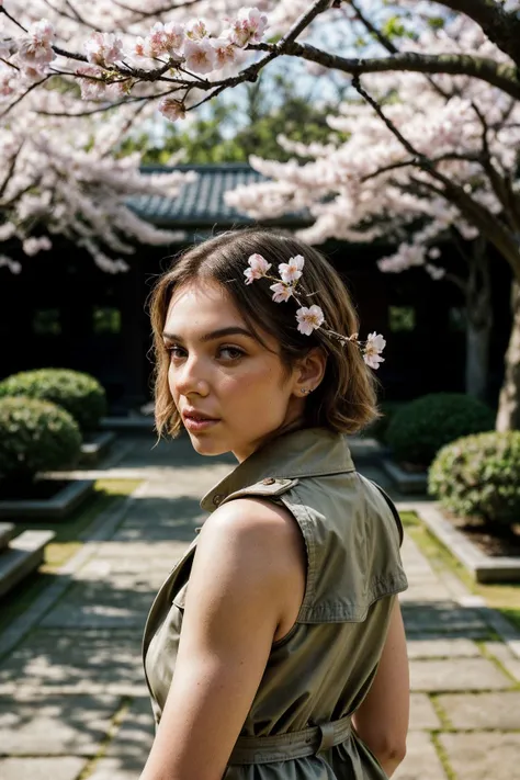 a woman in a green dress standing under a tree with pink flowers