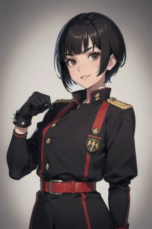 spiky bald hairstyle, short hair, mexican skin, gloves, uniform military, 1girl ,dark black hair, ((hair cut super short,)), soft Brown eyes, smile lips,