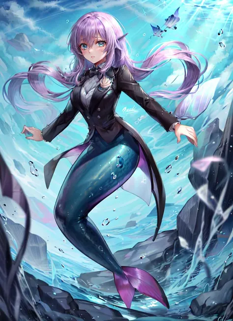 a cartoon mermaid with long purple hair and a black jacket