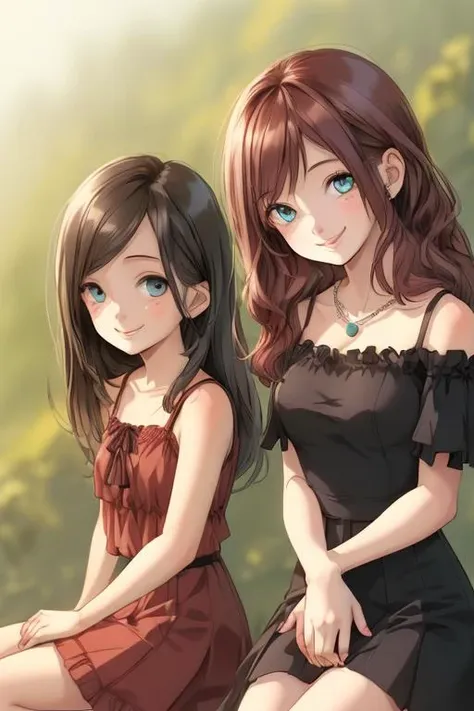 two anime girls sitting on a bench with their backs to each other