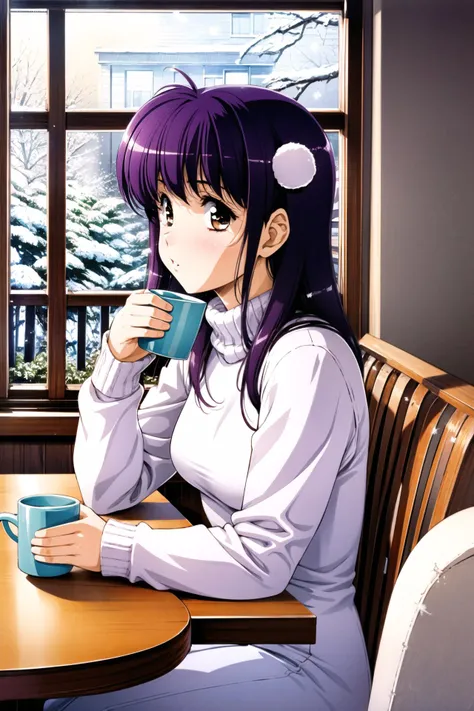 anime girl sitting at a table with a cup of coffee