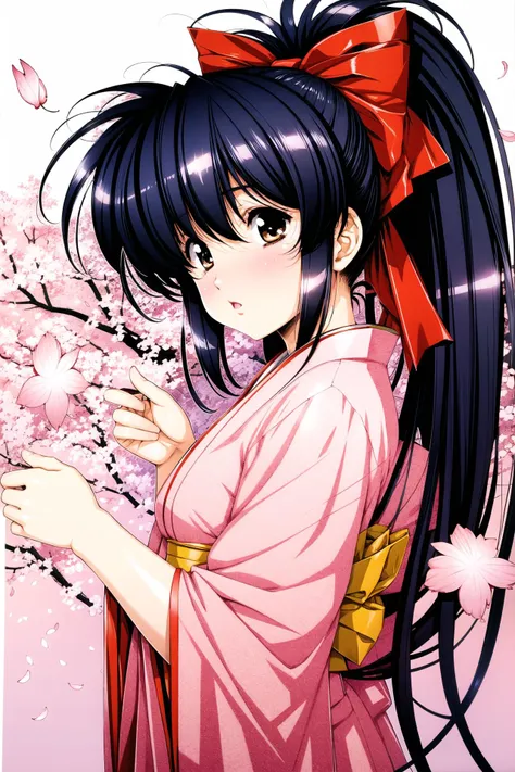 a woman in a kimono dress holding a cherry blossom