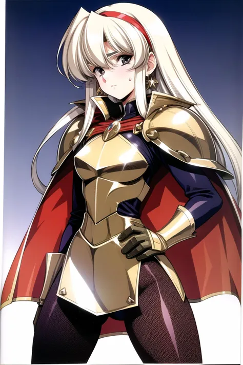 a woman in a gold and red outfit with a cape