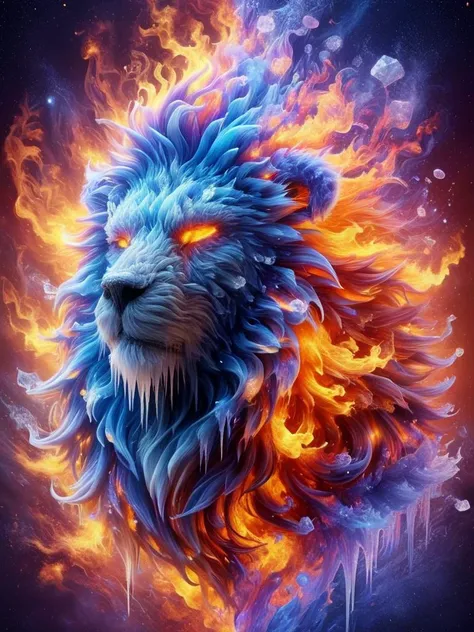 a lion with fire and ice on its face