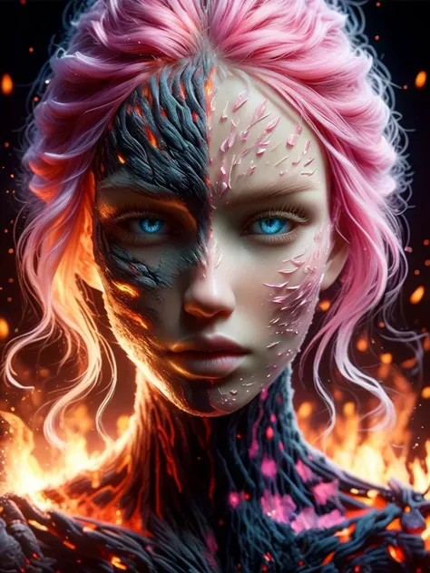 A hauntingly beautiful portrait of a young girl with a large wound her on cheek with stitches, 22 years old, her delicate features are framed by a tangle of intricately braided pink hair, drawing the viewer into her captivating gaze, wearing black, she see...