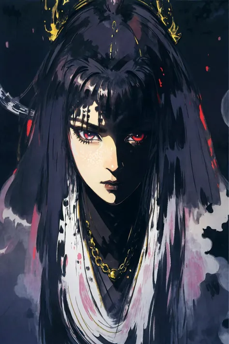 (amano yoshitaka:2.0), (Broad lighting), low-key lighting, painterly, dark background, portrait, heavy-lidded eyes, negative space, dark theme, spectral, <lora:amano_yoshitaka_offset:1.25>