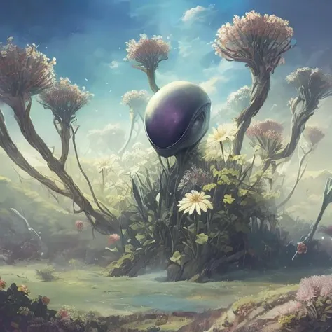 (masterpiece, illustration, high quality, surrealism), (((giant alien with flowers growing on body))), human_nature_lora, 7udicrousy, misty, (depth of field), <lora:human_nature_l0ra-09:0.4>, <lora:7udicrousy:0.7>