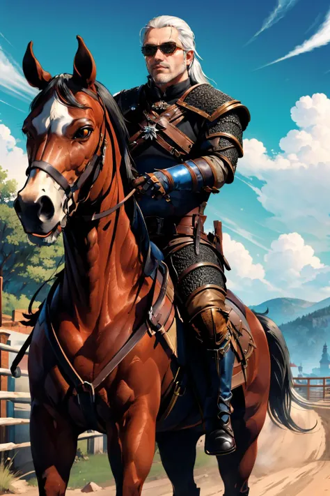 geralt_soul3142,1man,beard,yellow eyes,white hair,armor,chainmail,incrsdealwithit,sunglasses,<lora:DealWithIt2:0.8>,<lora:geraltW3:0.5>,riding horse