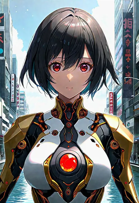 anime game, dark space iridescent fractal cells cellularal matrix of eye-holes and keyholes of eyeholes geometry fractals, upper body,, 1girl, short hair, red eyes, black eye-hole keyhole cube-hole ultron mech armor of repeated multi-plates of copper and g...