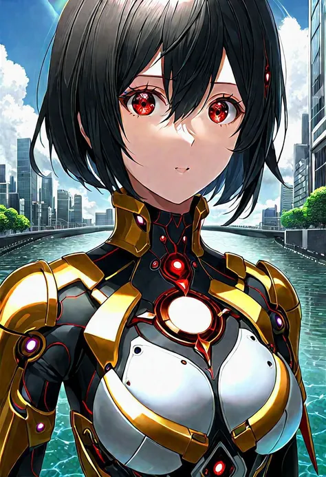 anime game, dark space iridescent fractal cells cellularal matrix of eye-holes and keyholes of eyeholes geometry fractals, upper body,, 1girl, short hair, red eyes, black eye-hole keyhole cube-hole ultron mech armor of repeated multi-plates of copper and g...