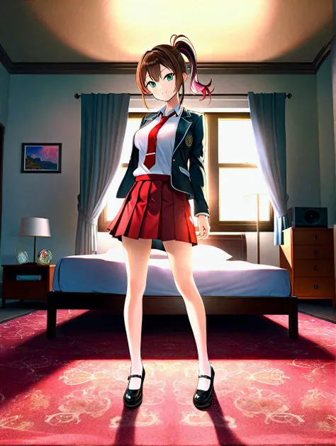 (masterpiece, best quality). brown hair, low ponytail, ,  black jacket, red skirt, white collared shirt, red necktie, pleated skirt, occult academy student. walks, pout, from below, at panoramic background scenery of a hotel bedroom. yuri cutie, by tony ta...