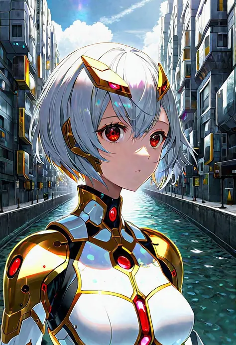 anime game, dark space iridescent fractal cells cellularal matrix of eye-holes and keyholes of eyeholes geometry fractals, upper body,, 1girl, short hair, red eyes, black eye-hole keyhole cube-hole ultron mech armor of repeated multi-plates of copper and g...